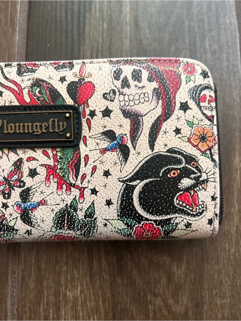 Loungefly Classic Sailor Tattoo Printed Pebbled Wallet in Tan/Multi